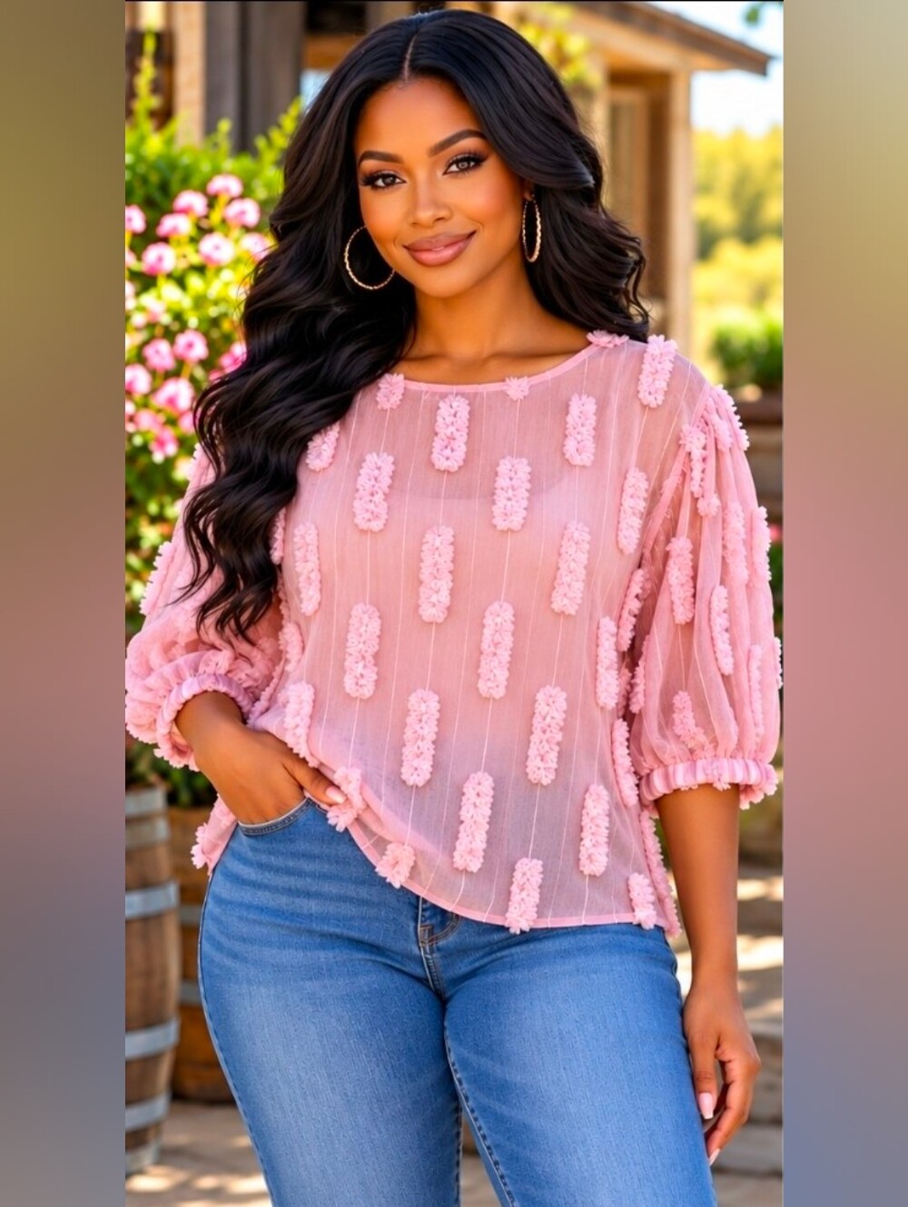 NEW!! Yuni Los Angeles Pink Textured Sheer Puff-Sleeve Top, NWT